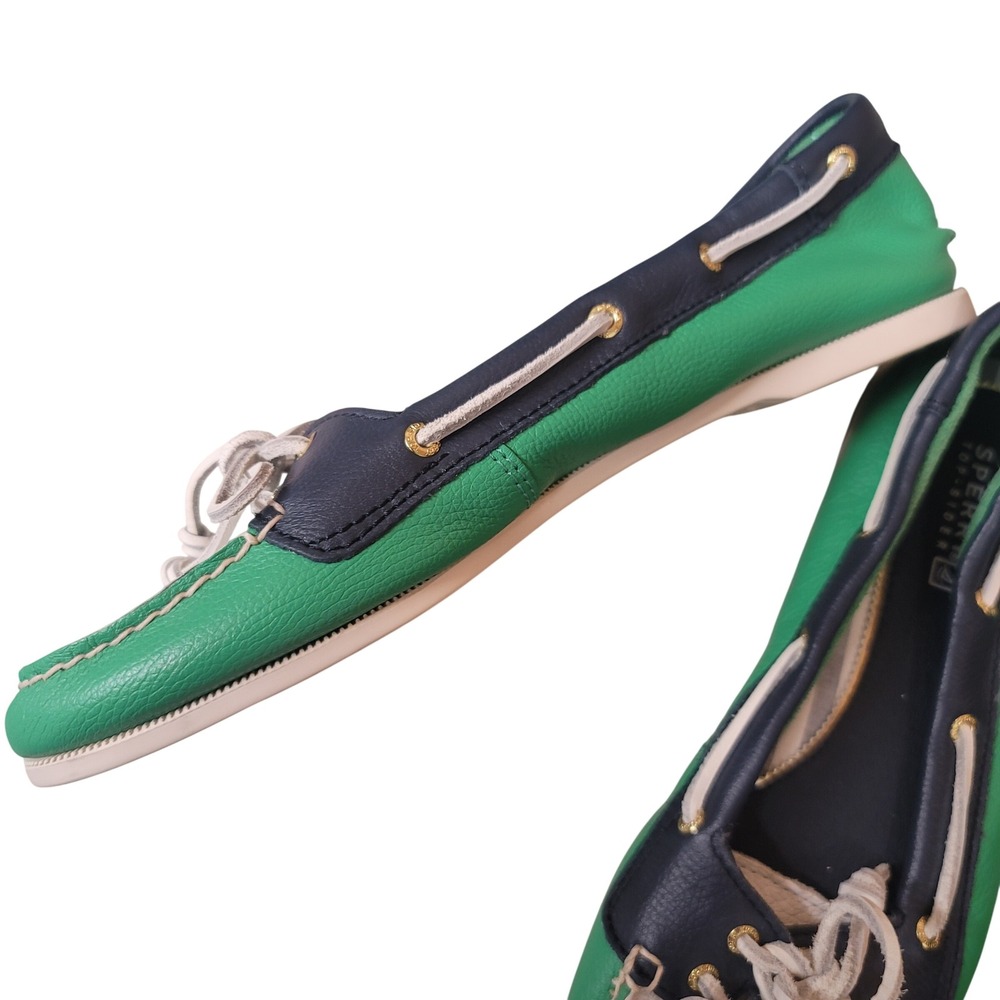 Sperry Top-Sider Womens Green Navy White Leather Boat Shoes Loafers Size 8.5M - Picture 3 of 7